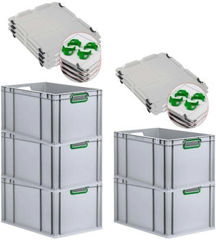 Proregal Spar Set 5x Eurobox Nextgen Color Mit Auflagedeckel & Schiebeschnappverschlüsse HxBxT 32 x 40 x 60 cm Griffe Grün Offen Verstärkter Boden