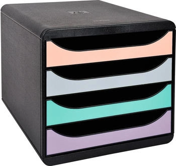 Exacompta Schubladenbox BIG BOX Aquarel f&uuml;r Format A4+ 4 mehrfarbige & halboffene Schubladen mit Auszugstopp & Griffmulde Polystyrol schwarz