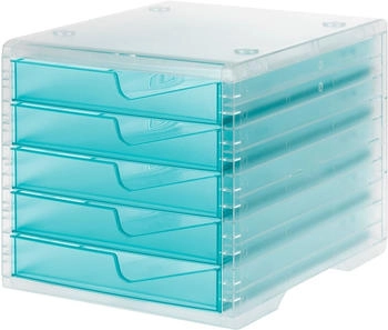 styro Schubladenbox styroswing light 5 Schübe Auszugsperre & Griffmulde stapelbar B 270 x T 340 x H 255 mm Polystyrol transparent-aqua