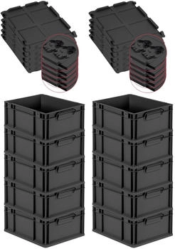 Proregal SuperSparSet 10x Eurobox Nextgen Grip Mit Scharnierdeckel Und Schwarzen Verschl&uuml;ssen HxBxT 17x30x40cm 16 Liter Schwarz Griffe Geschlossen