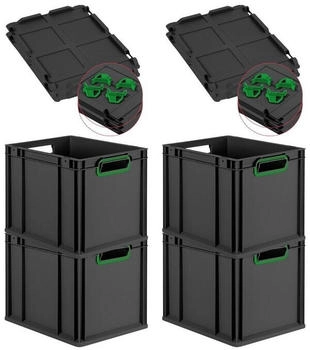 Proregal SuperSparSet 4x Eurobox Nextgen Color Mit Auflagedeckel HxBxT 32x30x40cm 30 Liter Schwarz Griffe Grün Offen Eurobehälter Transportbox