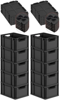 Proregal SparSet 10x Eurobox Nextgen Color Mit Auflagedeckel HxBxT 22x30x40cm 20 Liter Schwarz Griffe Schwarz Offen Eurobehälter Transportbox