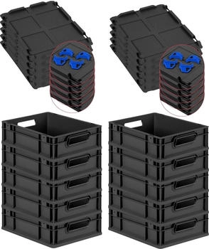Proregal SuperSparSet 10x Eurobox Nextgen Grip Mit Scharnierdeckel Und Blauen Verschl&uuml;ssen HxBxT 12x30x40cm 11 Liter Schwarz Griffe Offen