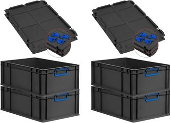 Proregal SuperSparSet 4x Eurobox Nextgen Color Mit Auflagedeckel HxBxT 22x40x60cm 44 Liter Schwarz Griffe Blau Geschlossen Eurobehälter Transportbox