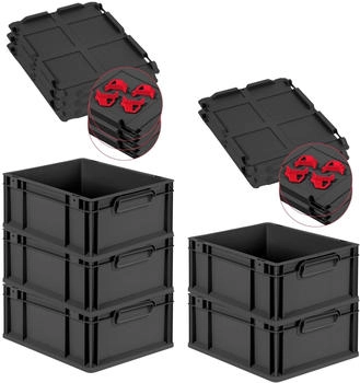 Proregal SparSet 5x Eurobox Nextgen Grip Mit Auflagedeckel Und Roten Verschlüssen HxBxT 17x30x40cm 16 Liter Schwarz Griffe Geschlossen