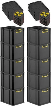 Proregal SparSet 10x Eurobox Nextgen Color Mit Auflagedeckel HxBxT 32x30x40cm 30 Liter Schwarz Griffe Gelb Geschlossen Eurobehälter Transportbox