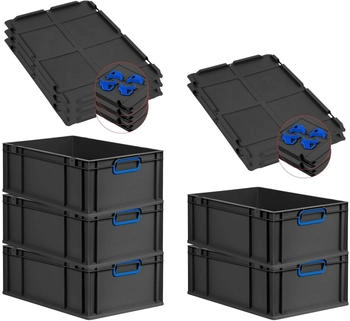 Proregal SparSet 5x Eurobox Nextgen Color Mit Auflagedeckel HxBxT 22x40x60cm 44 Liter Schwarz Griffe Blau Geschlossen Eurobeh&auml;lter Transportbox