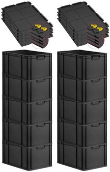 Proregal SuperSparSet 10x Eurobox Nextgen Grip Mit Scharnierdeckel Und Gelben Verschl&uuml;ssen HxBxT 32x40x60cm 65 Liter Schwarz Griffe Geschlossen