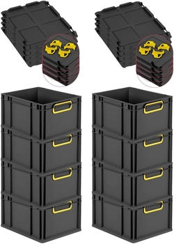 Proregal SuperSparSet 8x Eurobox Nextgen Color Mit Auflagedeckel HxBxT 22x30x40cm 20 Liter Schwarz Griffe Gelb Geschlossen Eurobeh&auml;lter Transportbox