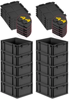 Proregal SuperSparSet 10x Eurobox Nextgen Grip Mit Scharnierdeckel Und Gelben Verschl&uuml;ssen HxBxT 17x30x40cm 16 Liter Schwarz Griffe Geschlossen