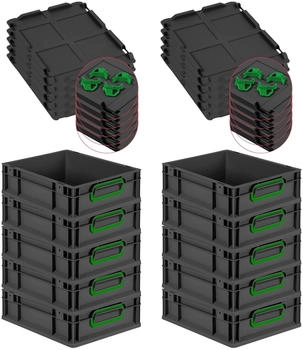Proregal SparSet 10x Eurobox Nextgen Color Mit Auflagedeckel HxBxT 12x30x40cm 11 Liter Schwarz Griffe Grün Geschlossen Eurobehälter Transportbox