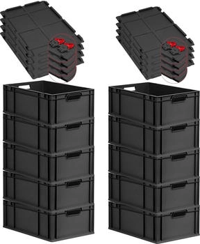 Proregal SuperSparSet 10x Eurobox Nextgen Grip Mit Scharnierdeckel Und Roten Verschl&uuml;ssen HxBxT 22x40x60cm 44 Liter Schwarz Griffe Offen