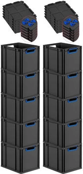 Proregal SparSet 10x Eurobox Nextgen Color Mit Auflagedeckel HxBxT 32x30x40cm 30 Liter Schwarz Griffe Blau Offen Eurobeh&auml;lter Transportbox