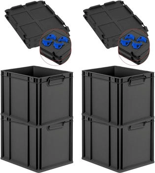 Proregal SuperSparSet 4x Eurobox Nextgen Grip Mit Auflagedeckel Und Blauen Verschl&uuml;ssen HxBxT 32x30x40cm 30 Liter Schwarz Griffe Geschlossen