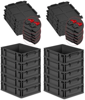 Proregal SuperSparSet 10x Eurobox Nextgen Grip Mit Scharnierdeckel Und Roten Verschl&uuml;ssen HxBxT 12x30x40cm 11 Liter Schwarz Griffe Geschlossen
