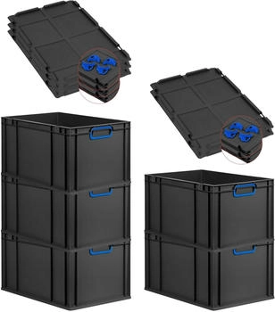 Proregal SparSet 5x Eurobox Nextgen Color Mit Auflagedeckel HxBxT 32x40x60cm 65 Liter Schwarz Griffe Blau Geschlossen Eurobeh&auml;lter Transportbox