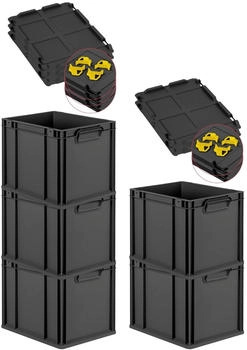 Proregal SparSet 5x Eurobox Nextgen Grip Mit Auflagedeckel Und Gelben Verschl&uuml;ssen HxBxT 32x30x40cm 30 Liter Schwarz Griffe Geschlossen