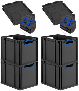 Proregal SuperSparSet 4x Eurobox Nextgen Color Mit Auflagedeckel HxBxT 32x30x40cm 30 Liter Schwarz Griffe Blau Offen Eurobeh&auml;lter Transportbox