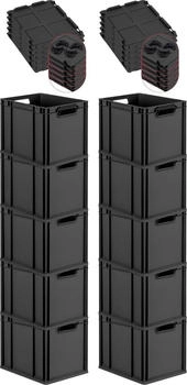 Proregal SuperSparSet 10x Eurobox Nextgen Grip Mit Scharnierdeckel Und Schwarzen Verschl&uuml;ssen HxBxT 32x30x40cm 30 Liter Schwarz Griffe Offen