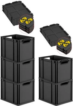 Proregal SparSet 5x Eurobox Nextgen Grip Mit Auflagedeckel Und Gelben Verschl&uuml;ssen HxBxT 32x30x40cm 30 Liter Schwarz Griffe Offen