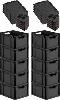 Proregal SuperSparSet 10x Eurobox Nextgen Grip Mit Scharnierdeckel Und Schwarzen Verschl&uuml;ssen HxBxT 22x30x40cm 20 Liter Schwarz Griffe Offen