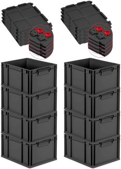 Proregal SuperSparSet 8x Eurobox Nextgen Grip Mit Scharnierdeckel Und Roten Verschlüssen HxBxT 22x30x40cm 20 Liter Schwarz Griffe Geschlossen
