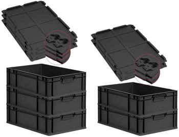 Proregal SuperSparSet 5x Eurobox Nextgen Grip Mit Scharnierdeckel Und Schwarzen Verschl&uuml;ssen HxBxT 17x40x60cm 34 Liter Schwarz Griffe Geschlossen
