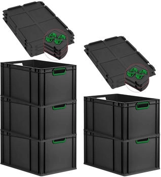 Proregal SparSet 5x Eurobox Nextgen Color Mit Auflagedeckel HxBxT 32x40x60cm 65 Liter Schwarz Griffe Gr&uuml;n Offen Eurobeh&auml;lter Transportbox
