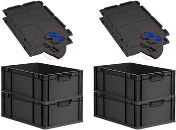 Proregal SuperSparSet 4x Eurobox Nextgen Grip Mit Scharnierdeckel Und Blauen Verschlüssen HxBxT 22x40x60cm 44 Liter Schwarz Griffe Geschlossen
