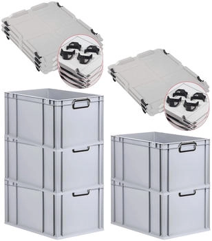 Proregal SparSet 5x Eurobox Nextgen Color Mit Auflagedeckel HxBxT 32x40x60cm 65 Liter Grau Griffe Schwarz Geschlossen Eurobeh&auml;lter Transportbox