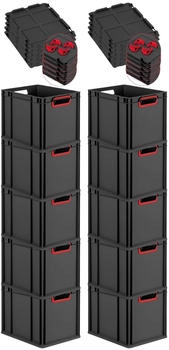 Proregal SparSet 10x Eurobox Nextgen Color Mit Auflagedeckel HxBxT 32x30x40cm 30 Liter Schwarz Griffe Rot Offen Eurobehälter Transportbox