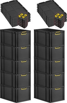 Proregal SparSet 10x Eurobox Nextgen Color Mit Auflagedeckel HxBxT 32x40x60cm 65 Liter Schwarz Griffe Gelb Geschlossen Eurobehälter Transportbox