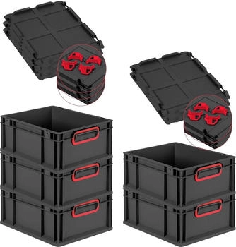Proregal SparSet 5x Eurobox Nextgen Color Mit Auflagedeckel HxBxT 17x30x40cm 16 Liter Schwarz Griffe Rot Geschlossen Eurobeh&auml;lter Transportbox