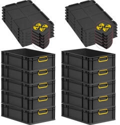 Proregal SparSet 10x Eurobox Nextgen Color Mit Auflagedeckel HxBxT 17x40x60cm 34 Liter Schwarz Griffe Gelb Geschlossen Eurobeh&auml;lter Transportbox