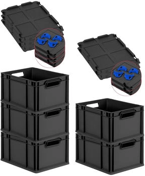 Proregal SuperSparSet 5x Eurobox Nextgen Grip Mit Scharnierdeckel Und Blauen Verschlüssen HxBxT 22x30x40cm 20 Liter Schwarz Griffe Offen