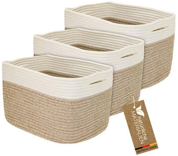 HMF Aufbewahrungskorb Versteckten Griffen 3er Set Korb Baumwolle 37 x 25 x 22 cm Weiß-Braun