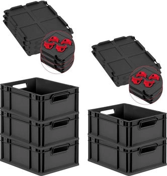 Proregal SuperSparSet 5x Eurobox Nextgen Grip Mit Scharnierdeckel Und Roten Verschlüssen HxBxT 17x30x40cm 16 Liter Schwarz Griffe Offen