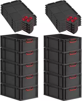 Proregal SparSet 10x Eurobox Nextgen Color Mit Auflagedeckel HxBxT 22x40x60cm 44 Liter Schwarz Griffe Rot Geschlossen Eurobehälter Transportbox