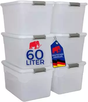 Proregal Aufbewahrungsbox Mit Deckel 60L 6er Set Extra Gro&szlig; Rollen Transparent Stapelbar Kunststoffbox Verschlussclips Stapelbox Aufbewahrungsbeh&auml;lter