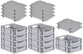 Proregal SparSet 10x Eurobox NextGen Grip mit Auflagedeckel mit 4 Schwarzen Schiebeschnappverschl&uuml;ssen HxBxT 12 x 30 x 40 cm 11 Liter Griffe
