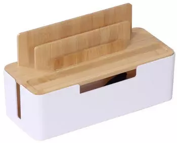 Relaxdays Kabelbox Bambus mit Halter Wei&szlig; ellbraun
