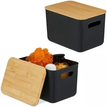 Relaxdays Aufbewahrungsbox mit Deckel 2er Set Hellbraun chwarz