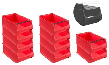 Proregal SparSet 10 x Rote Sichtlagerbox 5.1 Mit Griffstange und Abdeckung HxBxT 20 x 30 x 50 cm 21,8 Liter Sichtlagerbeh&auml;lter Sichtlagerkasten