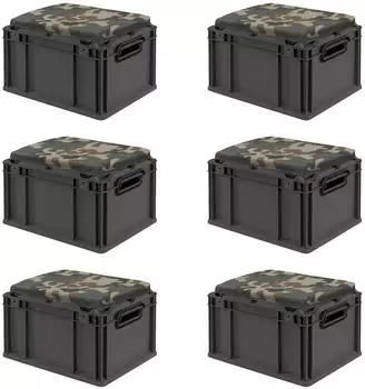 Proregal Sparset 6x Eurobox Nextgen Seat Box Camouflage HxBxT 26,5x30x40cm 20 Liter Griffe Offen Schwarz