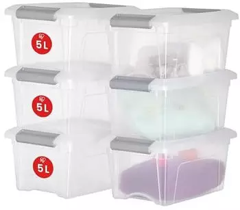 Iris Ohyama NTB-5 Aufbewahrungsbox mit Deckel 5L BPA-freier Kunststoff, 6er-Set, Silber (105079)