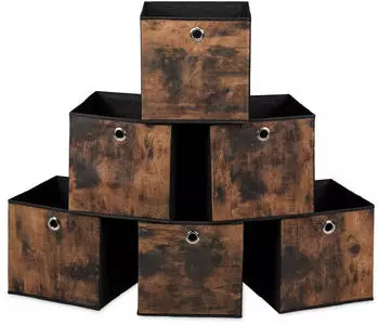 Relaxdays Aufbewahrungsboxen Vliesstoff Schwarz Braun Faltbar Holzoptik 6er Set 26 cm x 26 cm x 26 cm 0,4 kg