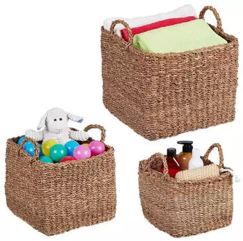 Relaxdays 3-tlg. Aufbewahrungskorb Set aus Seegras Braun