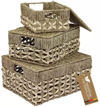 HMF Aufbewahrungskorb-Set mit Deckel, Seegras & Palmbl&auml;tter, 3-teilig (37141-S+M+L)