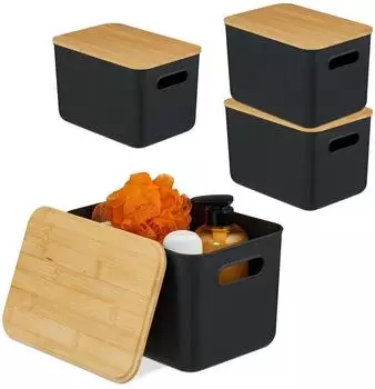 Relaxdays Aufbewahrungsbox Kunststoff Bambus Schwarz Stapelbar 4er Pack S 16 cm x 26 cm x 17,5 cm 230 g