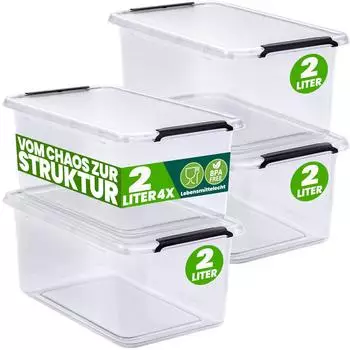 Deuba Aufbewahrungsbox mit Klickverschluss, transparent, BPA-frei, 2L, 4er-Set